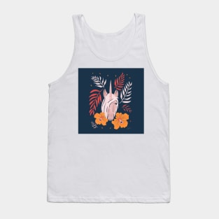 Unicorn with Hibiscus Flowers on Dark Blue Tank Top